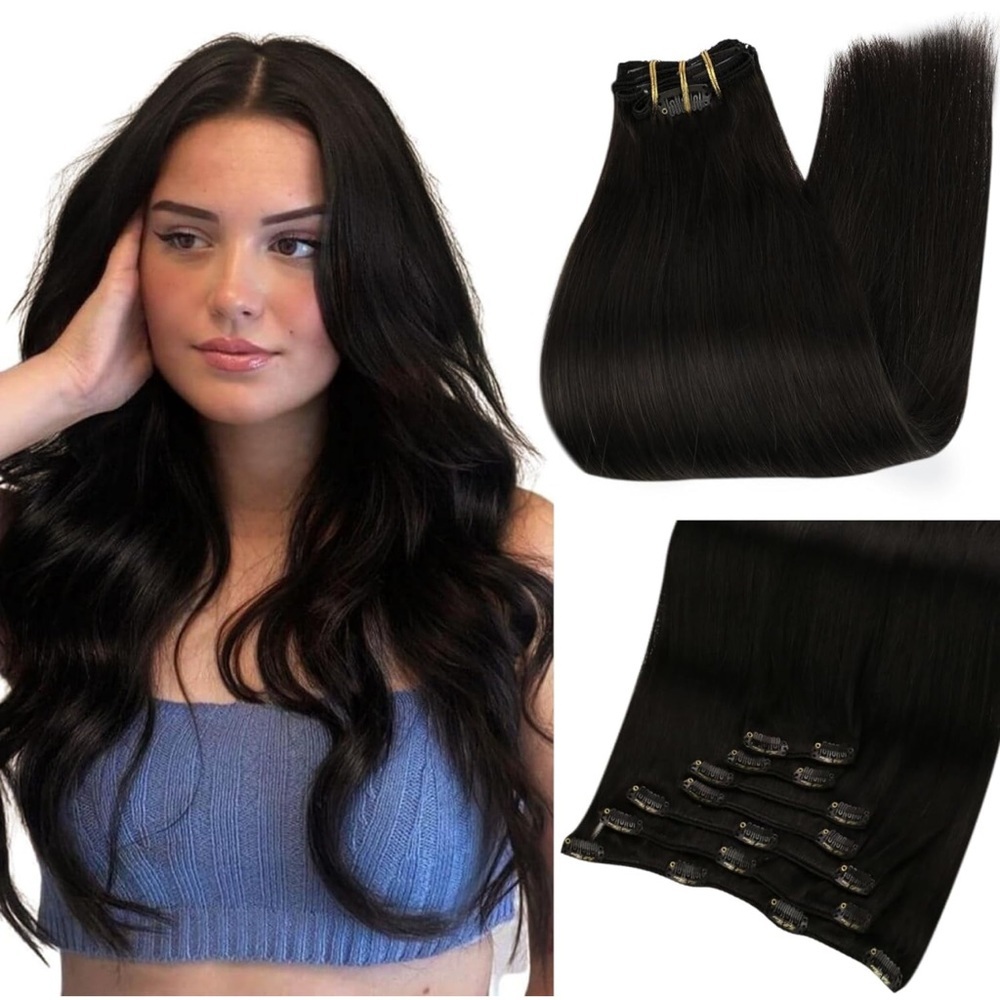 New Full Shine Black Clip in Hair Extension 10” Human Hair Natural Black 7pc